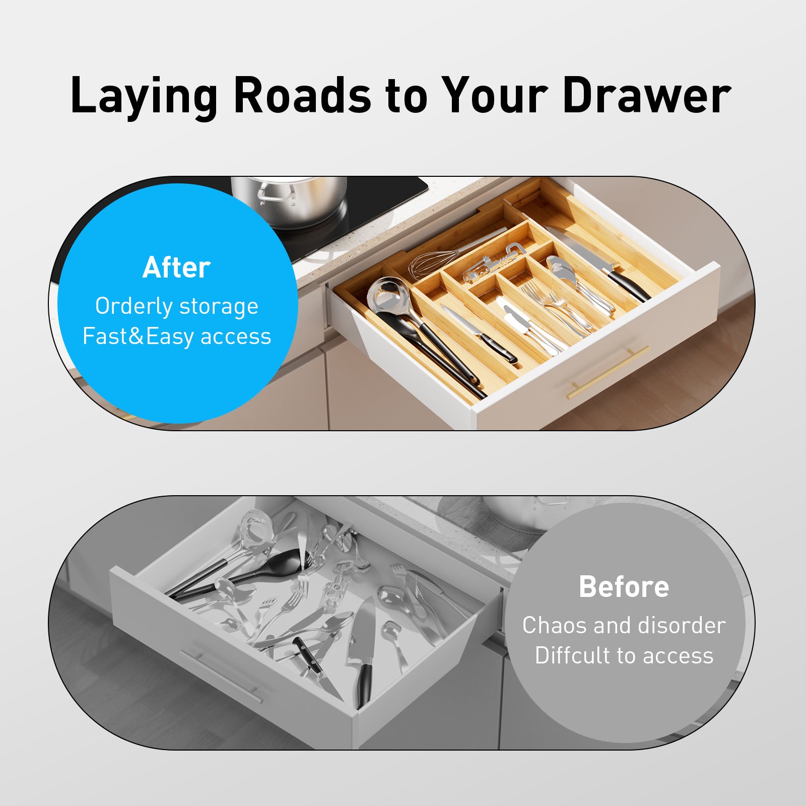 Expandable Bamboo Knife & Tool - Modular Drawer Storage with Adjustable Dividers, Expandable Width (Space-Saving), Odor-Resistant Utensil Tray for Kitchen, Office - Compatible for Knives, Spoons, Pens, Small Items
