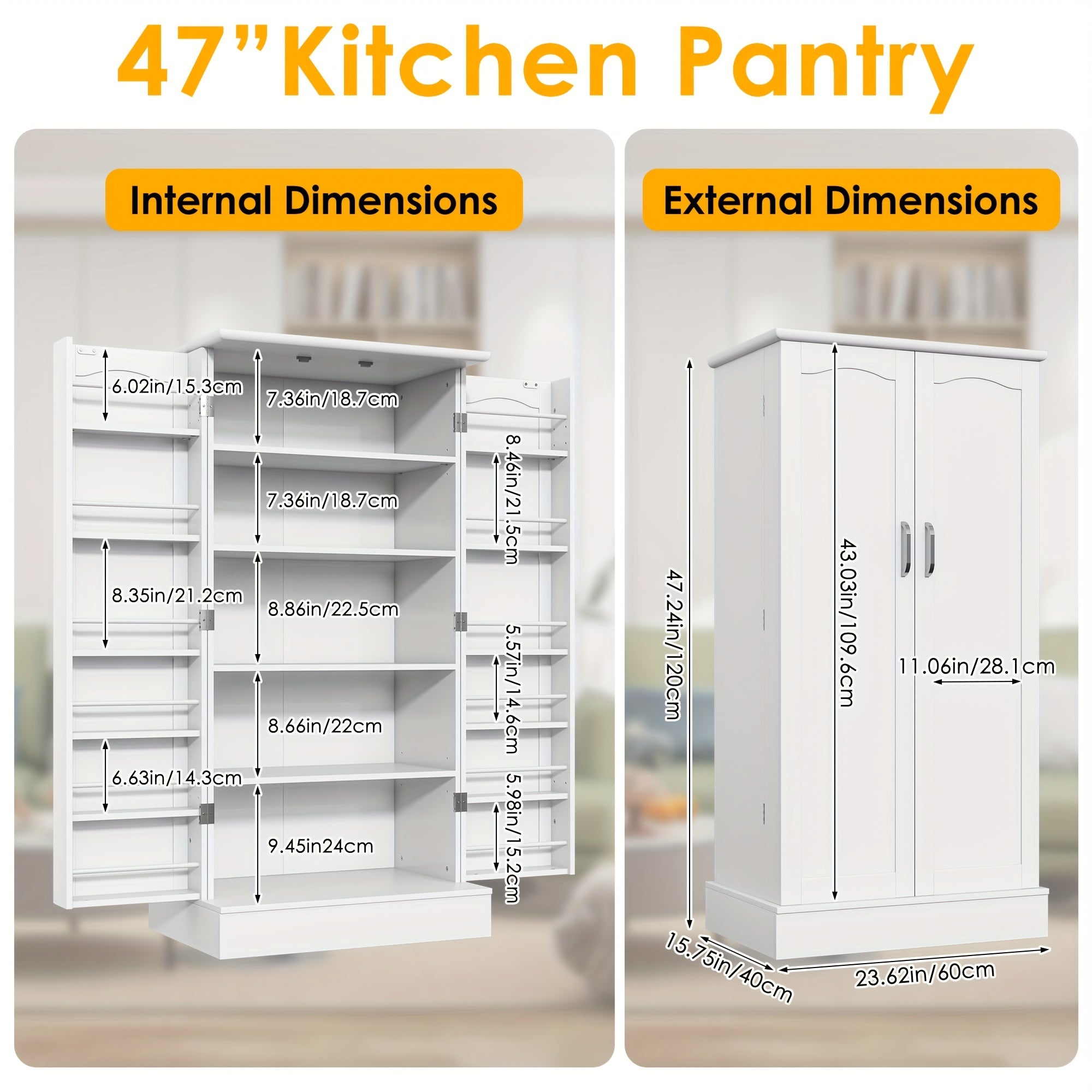 47 Inches Pantry Cabinet, Kitchen Pantry Cabinet with Adjustable Shelves, Freestanding Kitchen Pantry Storage Cabinet, Buffet Cupboards Sideboard for Kitchen, Living Room And Dinning Room