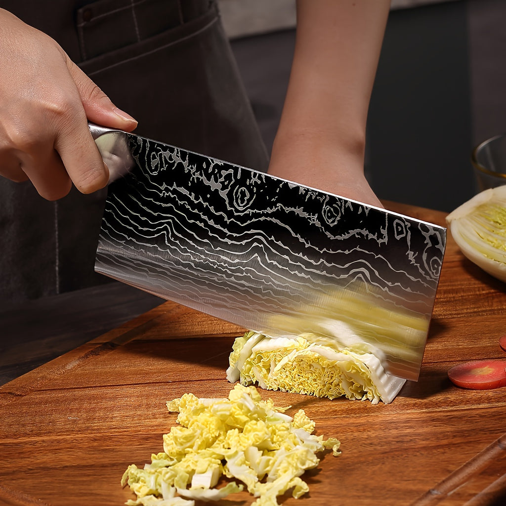 7pcs Damascus Pattern Stainless Steel Kitchen Knife Set with Universal Knife Holder -Chef, Fruit, and Safety Knives Included