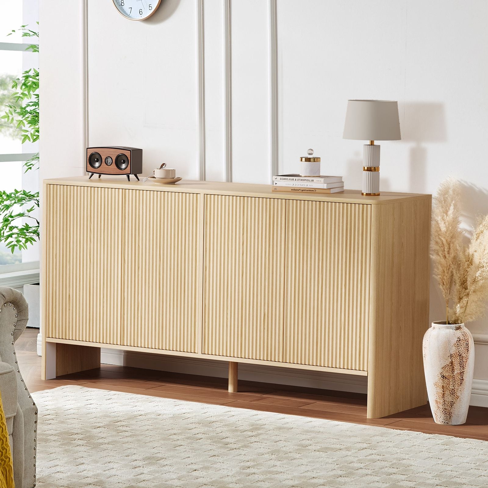 Modern Oak Wood Storage Cabinet with Fluted Doors & Adjustable Shelves - 58in Freestanding Buffet Credenza Suitable for Kitchen, Dining Room, Entryway, Coffee Bar Console Table, Multi-Functional Furniture for, Assembly Required, Christmas Decor