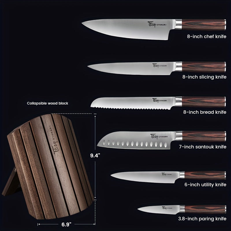 7pcs Japanese Style Kitchen Knife Block Set with Collapsible Block-Drawer or Countertop Organizer, Ultra Sharp High Carbon Steel Cutting Knives with Wood Handle, House Warming Gift