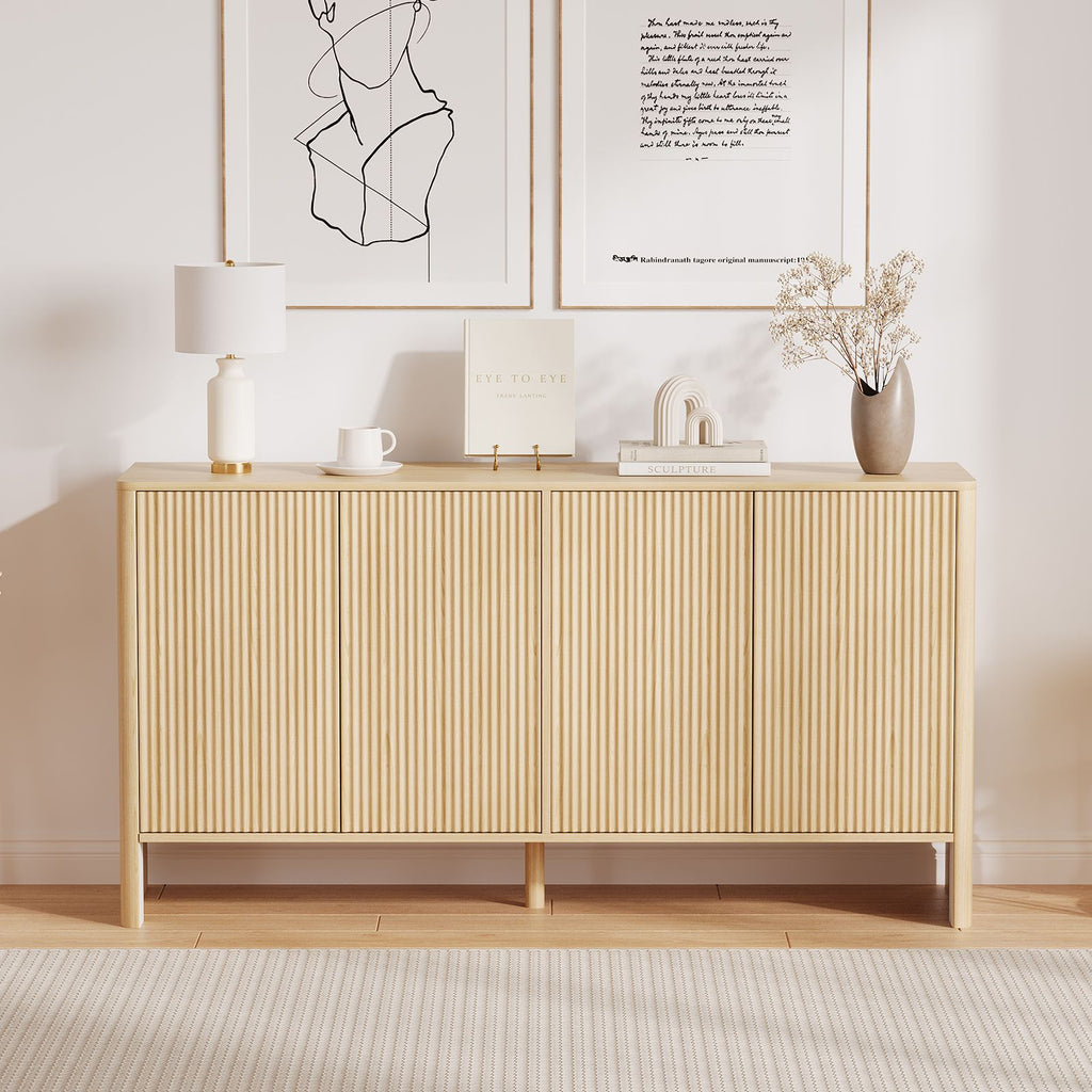 Modern Oak Wood Storage Cabinet with Fluted Doors & Adjustable Shelves - 58in Freestanding Buffet Credenza Suitable for Kitchen, Dining Room, Entryway, Coffee Bar Console Table, Multi-Functional Furniture for, Assembly Required, Christmas Decor