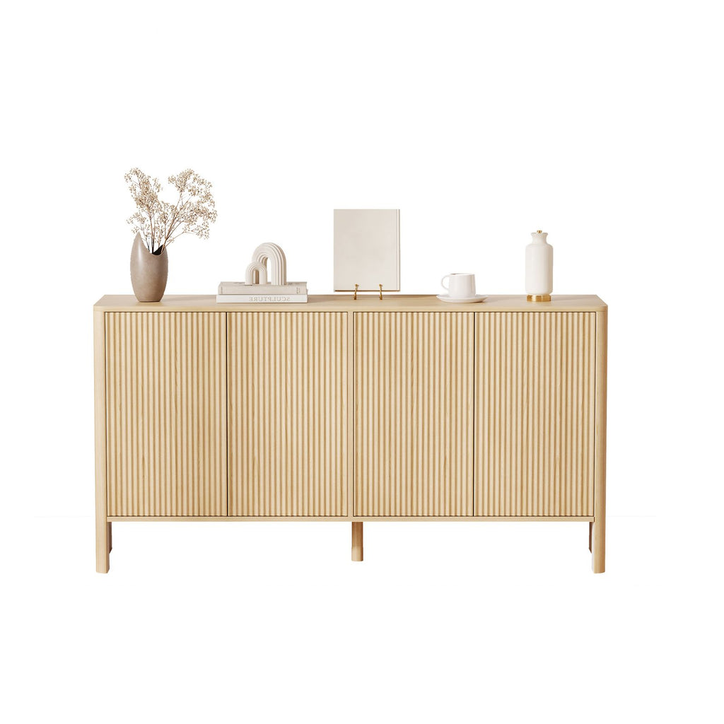 Modern Oak Wood Storage Cabinet with Fluted Doors & Adjustable Shelves - 58in Freestanding Buffet Credenza Suitable for Kitchen, Dining Room, Entryway, Coffee Bar Console Table, Multi-Functional Furniture for, Assembly Required, Christmas Decor