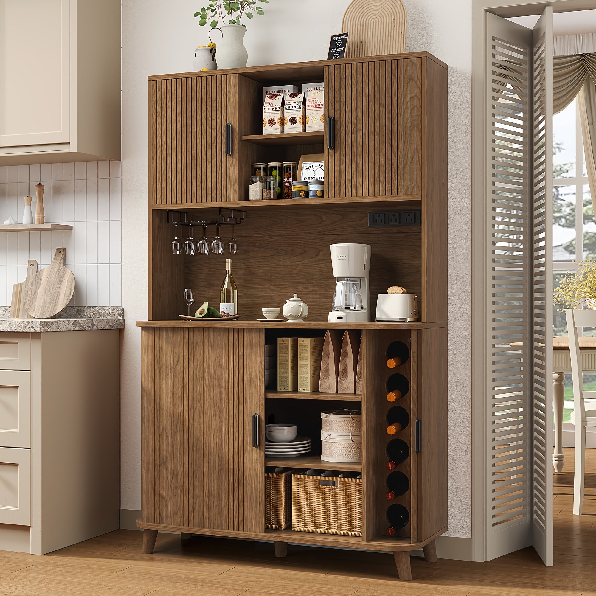 71'' Modern Kitchen Pantry Cabinet with Sliding Tambour Doors, Built-in Power Outlet & Adjustable Shelves - Heavy-Duty Freestanding Food Storage Cabinet with Wine Rack Suitable for Kitchen, Living Room, Buffet - \u002FMDF, Plug