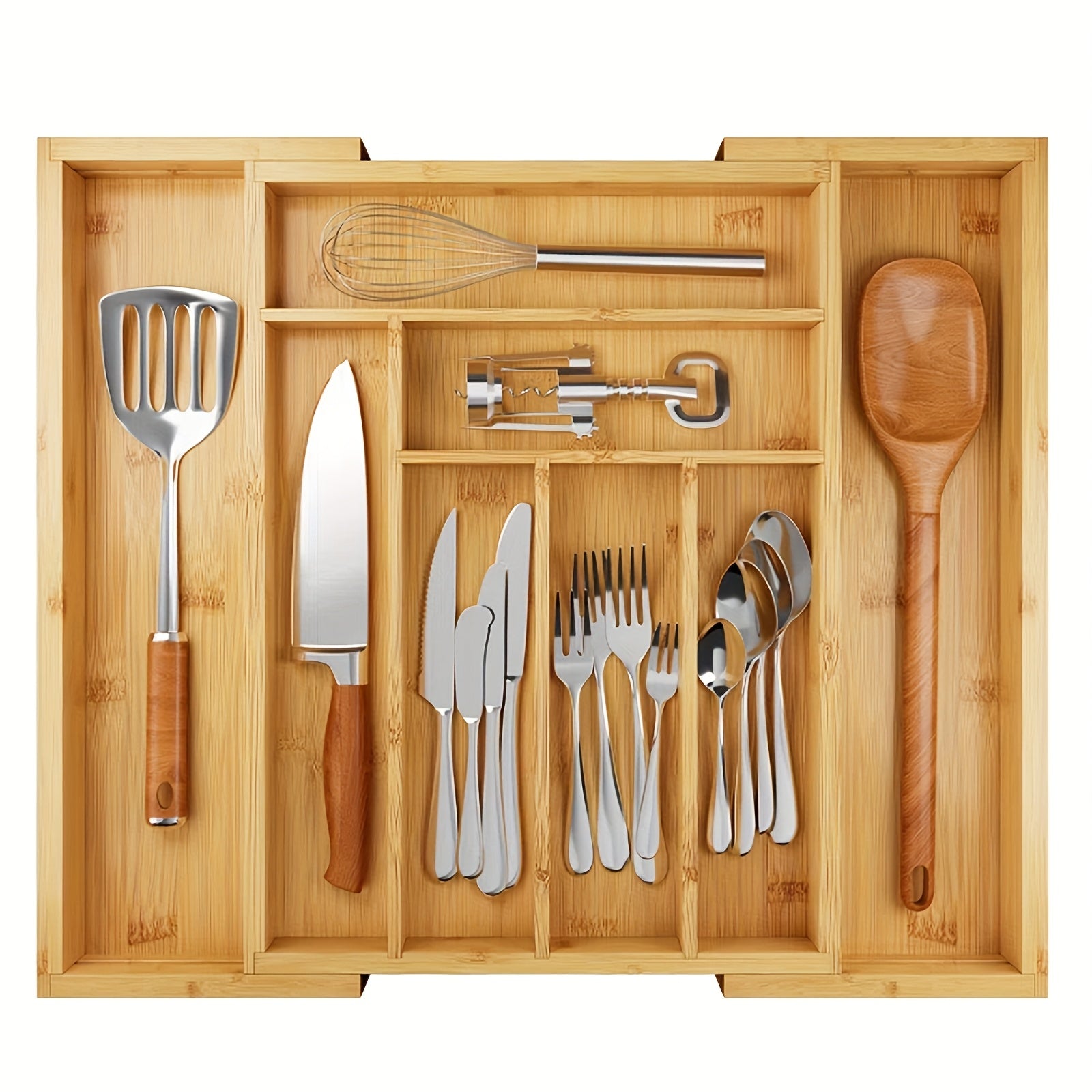 Expandable Bamboo Knife & Tool - Modular Drawer Storage with Adjustable Dividers, Expandable Width (Space-Saving), Odor-Resistant Utensil Tray for Kitchen, Office - Compatible for Knives, Spoons, Pens, Small Items