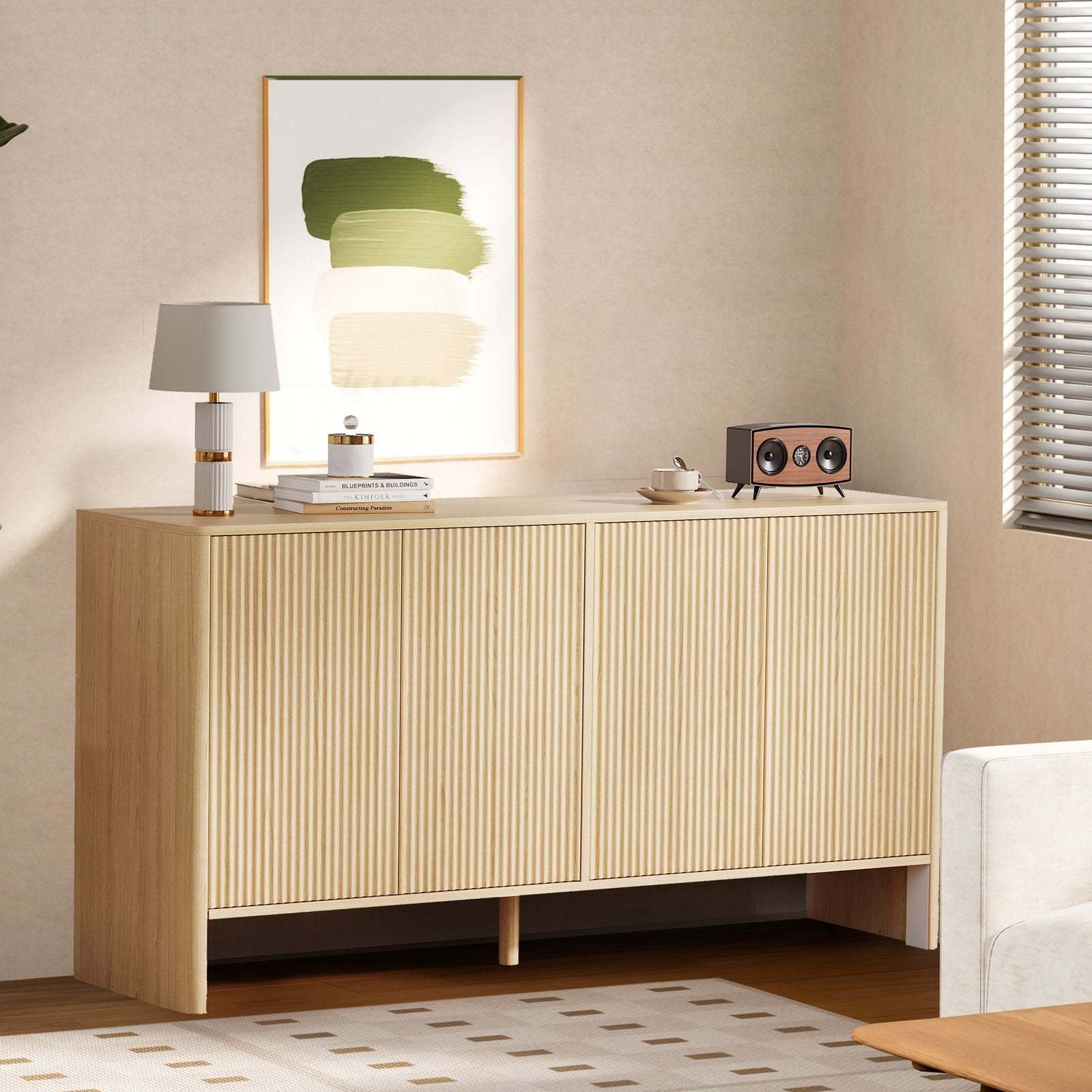 Modern Oak Wood Storage Cabinet with Fluted Doors & Adjustable Shelves - 58in Freestanding Buffet Credenza Suitable for Kitchen, Dining Room, Entryway, Coffee Bar Console Table, Multi-Functional Furniture for, Assembly Required, Christmas Decor