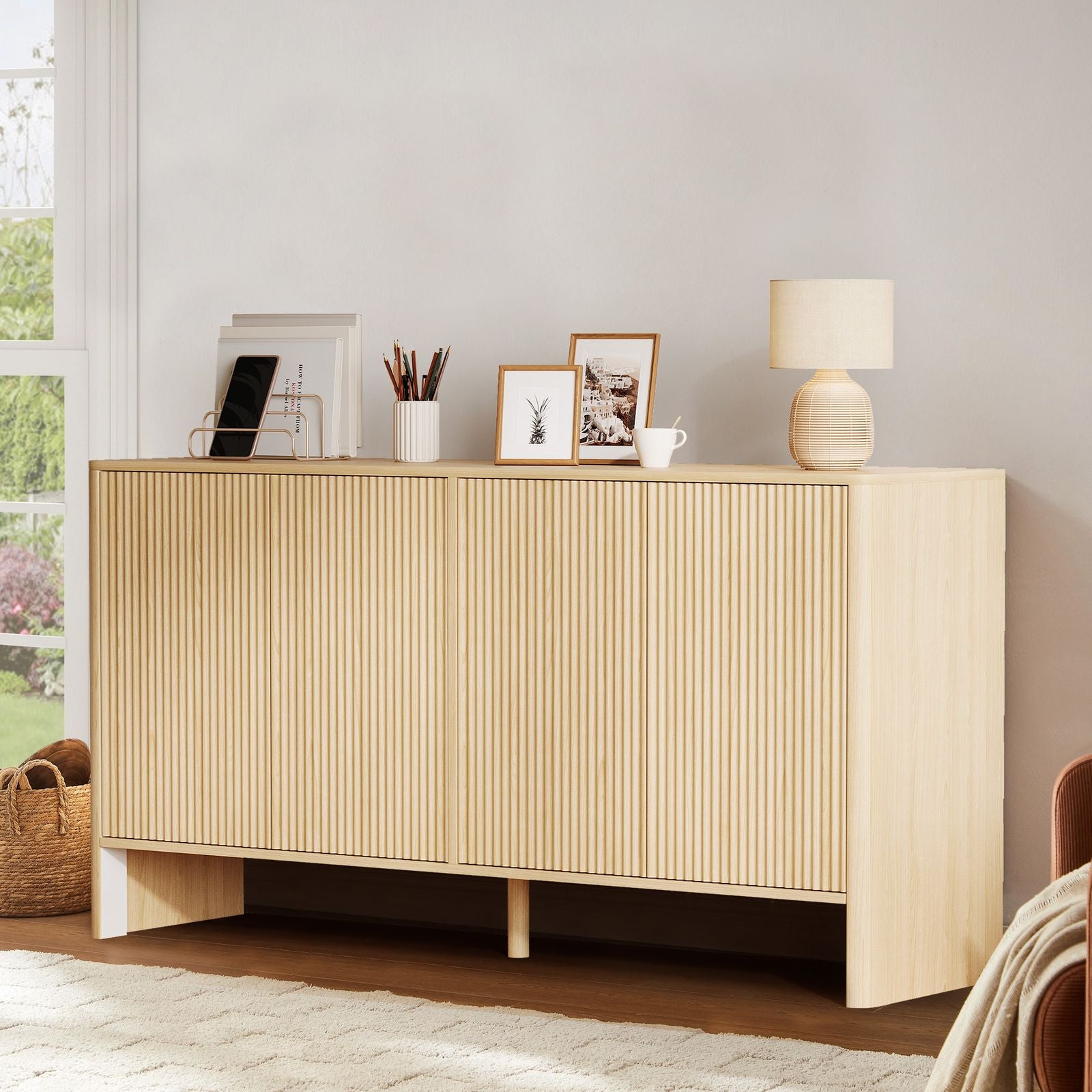 Modern Oak Wood Storage Cabinet with Fluted Doors & Adjustable Shelves - 58in Freestanding Buffet Credenza Suitable for Kitchen, Dining Room, Entryway, Coffee Bar Console Table, Multi-Functional Furniture for, Assembly Required, Christmas Decor