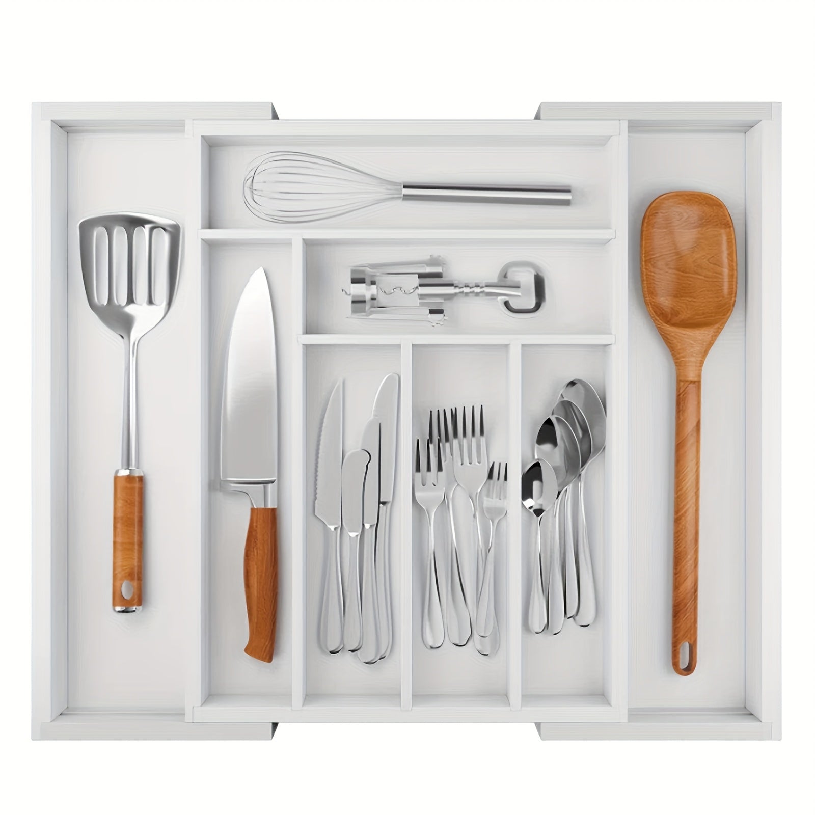 Expandable Bamboo Knife & Tool - Modular Drawer Storage with Adjustable Dividers, Expandable Width (Space-Saving), Odor-Resistant Utensil Tray for Kitchen, Office - Compatible for Knives, Spoons, Pens, Small Items