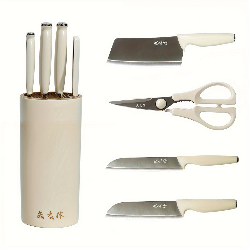 5 Piece Kitchen Knife Set, Super Sharp Knife Set With Universal Knife Block, Anti-Rust Stainless Steel Kitchen Knife Block Set, Slicing Knife, Multi-purpose Knife, Fruit Knife, Scissors, Knife Block, Ergonomic, Sharp And Durable