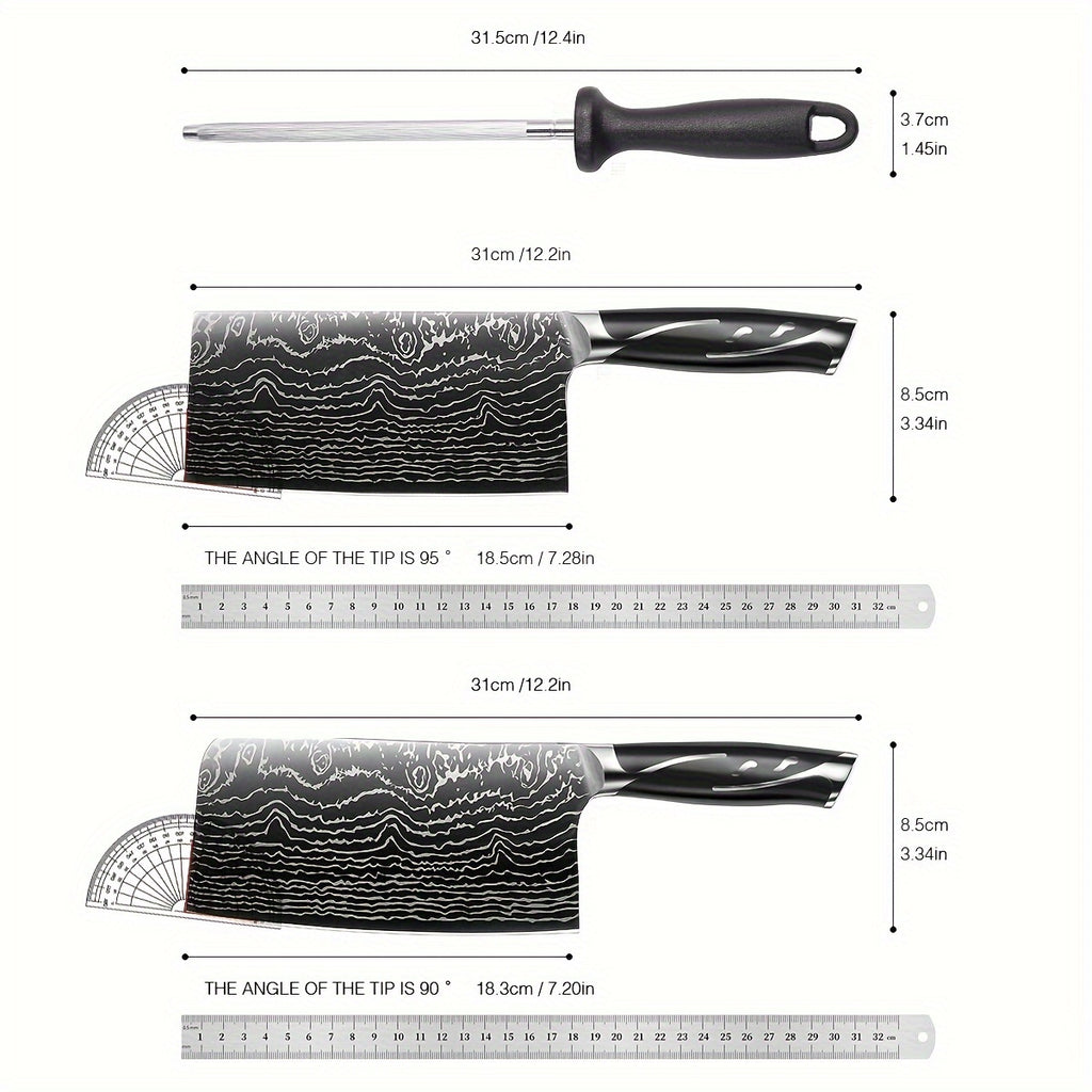 7pcs Damascus Pattern Stainless Steel Kitchen Knife Set with Universal Knife Holder -Chef, Fruit, and Safety Knives Included