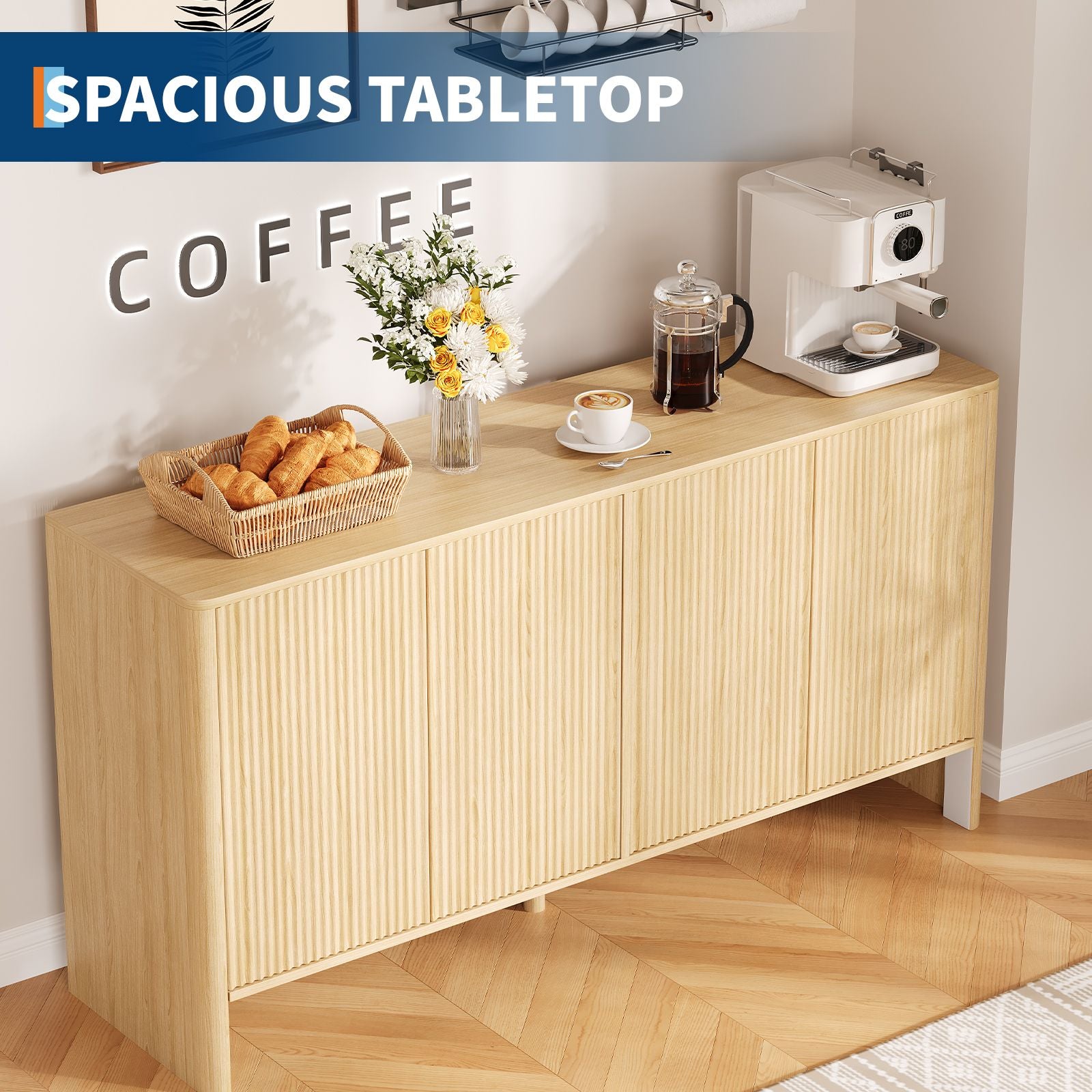 Modern Oak Wood Storage Cabinet with Fluted Doors & Adjustable Shelves - 58in Freestanding Buffet Credenza Suitable for Kitchen, Dining Room, Entryway, Coffee Bar Console Table, Multi-Functional Furniture for, Assembly Required, Christmas Decor