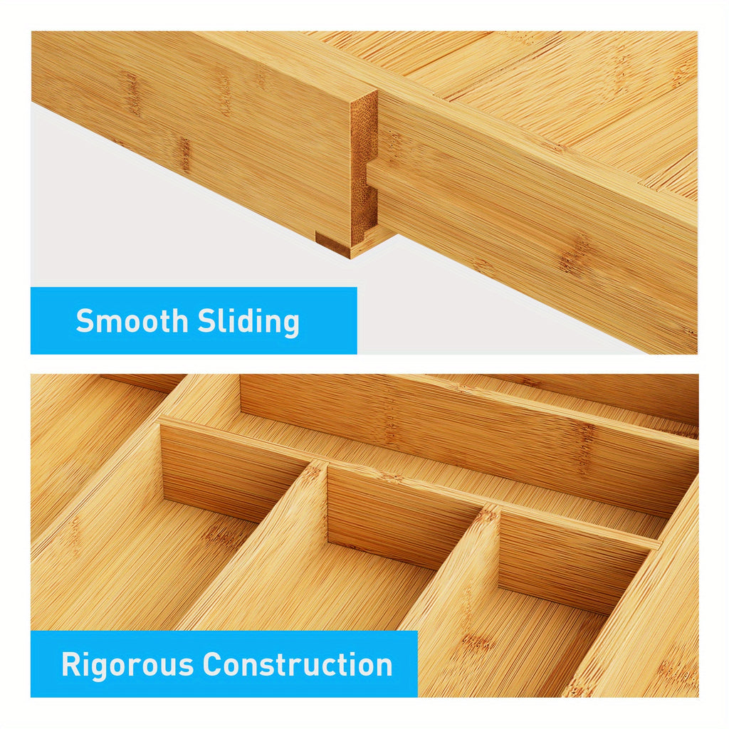 Expandable Bamboo Knife & Tool - Modular Drawer Storage with Adjustable Dividers, Expandable Width (Space-Saving), Odor-Resistant Utensil Tray for Kitchen, Office - Compatible for Knives, Spoons, Pens, Small Items