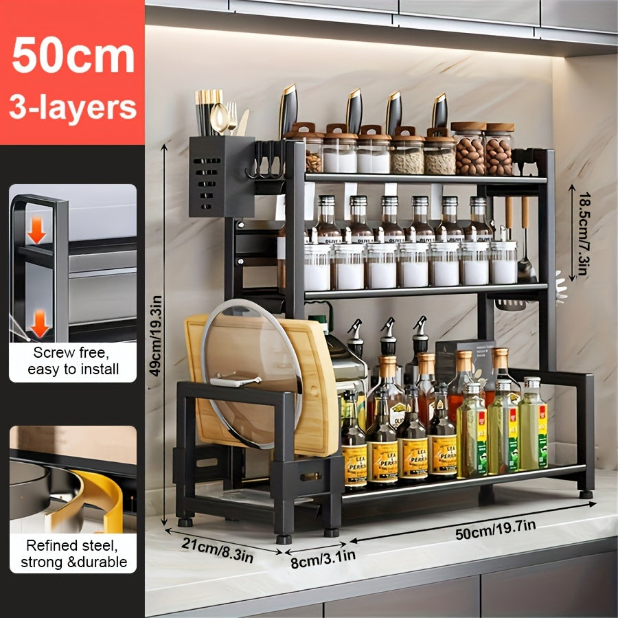 Multifunctional Metal Kitchen Storage Rack, Space-saving Kitchen Organizer with Cutting Board Holder for Storing Spices, Condiments and Chopping Knives, Easy to Assemble and Clean